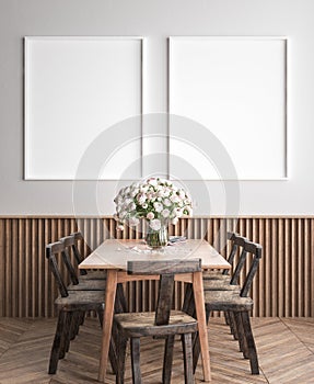 Mock up poster frame in dining room interior background, Scandinavian style photo