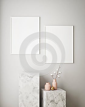 mock up poster frame in geometric interior background, pastel colors, 3D render, 3D illustration photo