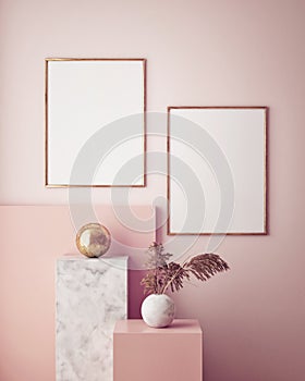 Mock up poster frame in geometric interior background, pastel colors, 3D render, 3D illustration photo