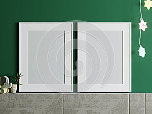 mock up poster frame on green wall in children bedroom , Scandinavian style interior background, 3D render, 3D illustration