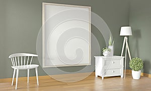 Mock up Poster frame on green wall and white chair and decoration minimal design.3D rendering