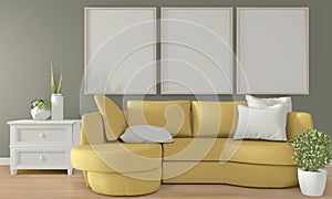 Mock up poster frame on green wall with yellow sofa on modern room interior.3D rendering