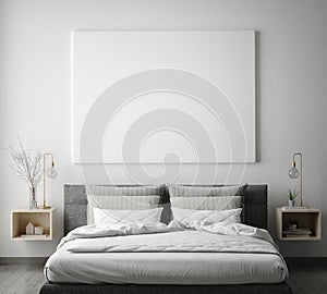 Mock up poster frame in hipster bedroom interior background, scandinavian style, 3D render