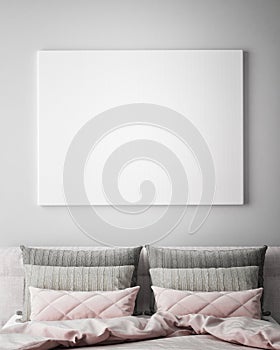 Mock up poster frame in hipster bedroom interior background, scandinavian style, 3D render