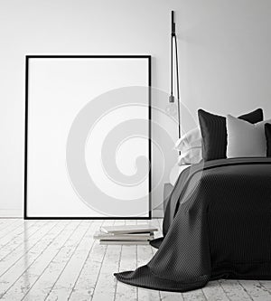 Mock up poster frame in hipster bedroom interior background, scandinavian style, 3D render