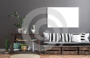 Mock up poster frame in hipster interior background