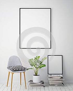 Mock up poster frame in hipster interior background, 3D render