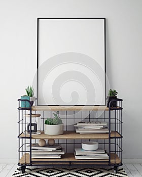 Mock up poster frame in hipster interior background, 3D render