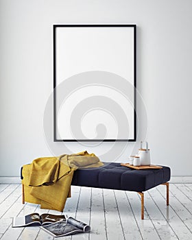 Mock up poster frame in hipster interior background,