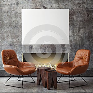 Mock up poster frame in hipster interior background,