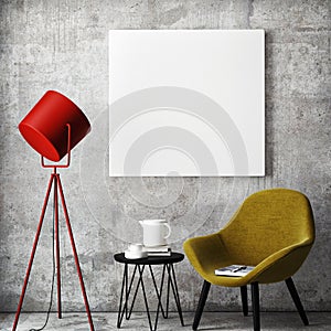 Mock up poster frame in hipster interior background,