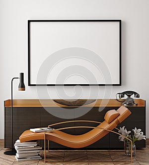 Mock up poster frame in hipster interior background,