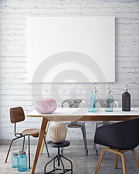 Mock up poster frame in hipster interior background,