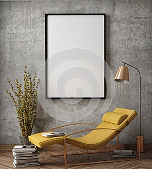 Mock up poster frame in hipster interior background,