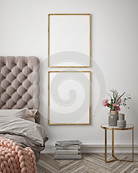 Mock up poster frame in hipster interior background, bedroom, Scandinavian style, 3D render, 3D illustration