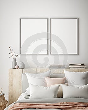 Mock up poster frame in hipster interior background, bedroom, Scandinavian style, 3D render, 3D illustration