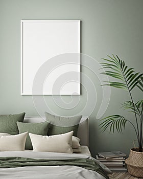 Mock up poster frame in hipster interior background, bedroom, Scandinavian style, 3D render, 3D illustration
