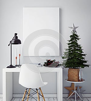 Mock up poster frame in hipster interior background,christamas decoration,