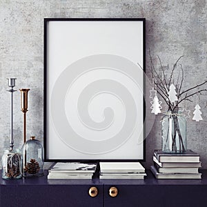 Mock up poster frame in hipster interior background,christamas decoration,