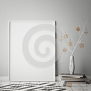 Mock up poster frame in hipster interior background,christamas decoration, scandinavian style,