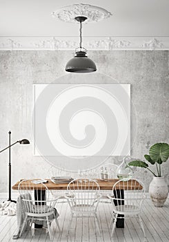 Mock up poster frame in hipster interior background, dining room, Scandinavian style, 3D render, 3D illustration