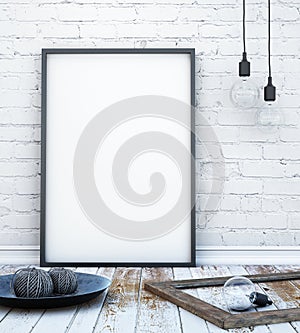 Mock up poster frame in hipster interior background with light letters, scandinavian style, 3D render