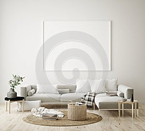 mock up poster frame in hipster interior background, living room,Scandinavian style, 3D render, 3D illustration