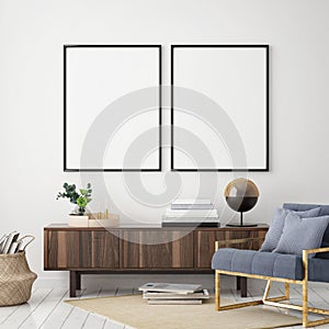 mock up poster frame in hipster interior background, living room,Scandinavian style, 3D render, 3D illustration