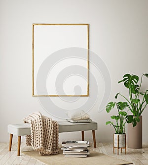 Mock up poster frame in hipster interior background, living room, Scandinavian style, 3D render, 3D illustration