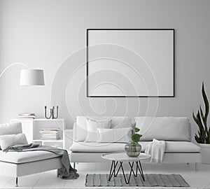 mock up poster frame in hipster interior background, living room, Scandinavian style, 3D render, 3D illustration