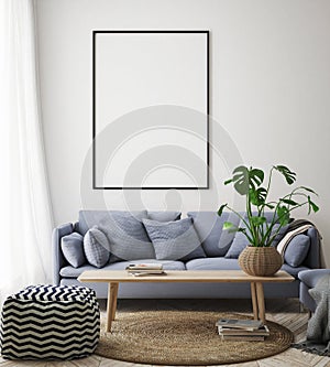 Mock up poster frame in hipster interior background, living room, Scandinavian style, 3D render, 3D illustration