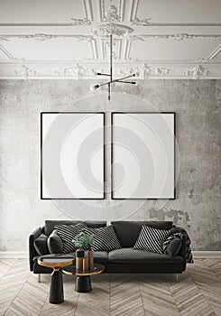 Mock up poster frame in hipster interior background, living room, Scandinavian style, 3D render, 3D illustration