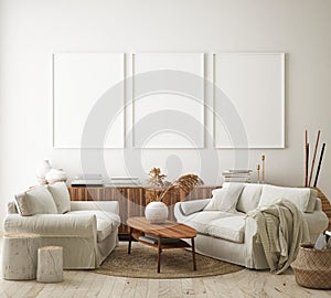 Mock up poster frame in hipster interior background, living room,Scandinavian style, 3D render, 3D illustration