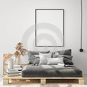 Mock up poster frame in hipster interior background, living room,Scandinavian style, 3D render, 3D illustration