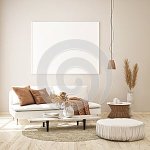 Mock up poster frame in hipster interior background, living room,Scandinavian style, 3D render, 3D illustration