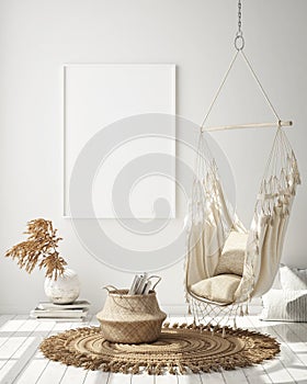 Mock up poster frame in hipster interior background, living room,Scandinavian style, 3D render, 3D illustration