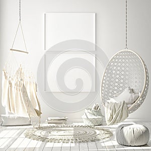 Mock up poster frame in hipster interior background, living room,Scandinavian style, 3D render, 3D illustration