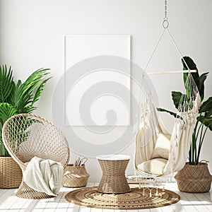 Mock up poster frame in hipster interior background, living room,Scandinavian style, 3D render, 3D illustration