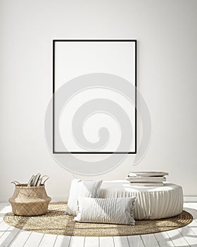 Mock up poster frame in hipster interior background, living room,Scandinavian style, 3D render, 3D illustration