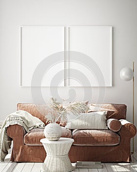 Mock up poster frame in hipster interior background, living room,Scandinavian style, 3D render, 3D illustration