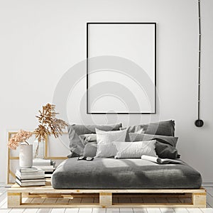 Mock up poster frame in hipster interior background, living room,Scandinavian style, 3D render, 3D illustration photo