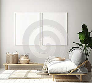 Mock up poster frame in hipster interior background, living room,Scandinavian style, 3D render, 3D illustration photo