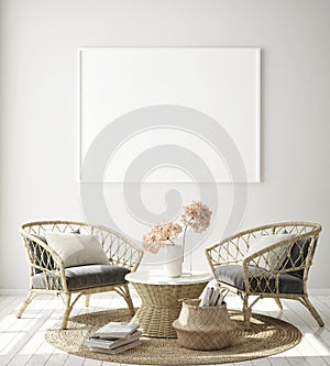 Mock up poster frame in hipster interior background, living room,Scandinavian style, 3D render, 3D illustration