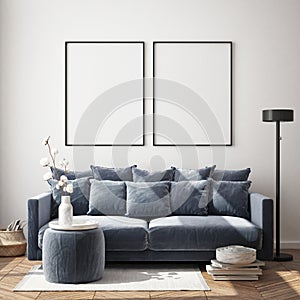 Mock up poster frame in hipster interior background, living room,Scandinavian style, 3D render, 3D illustration