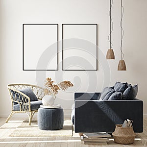 Mock up poster frame in hipster interior background, living room,Scandinavian style, 3D render, 3D illustration