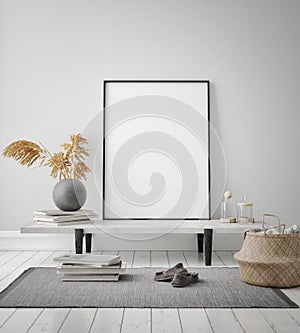 Mock up poster frame in hipster interior background, livingroom, Scandinavian style, 3D render, 3D illustration photo