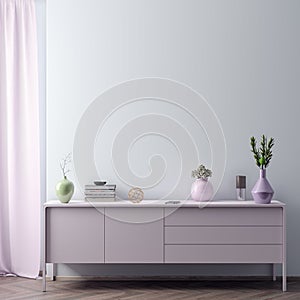 Mock up poster frame in hipster interior background in pink colors, Scandinavian style, 3D render, 3D illustration