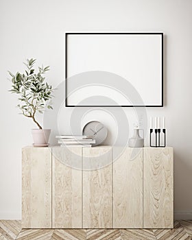 Mock up poster frame in hipster interior background, Scandinavian style,