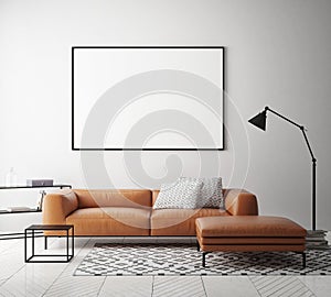 Mock up poster frame in hipster interior background, Scandinavian style, 3D render