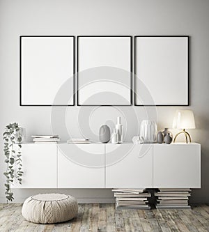 Mock up poster frame in hipster interior background, Scandinavian style, 3D render